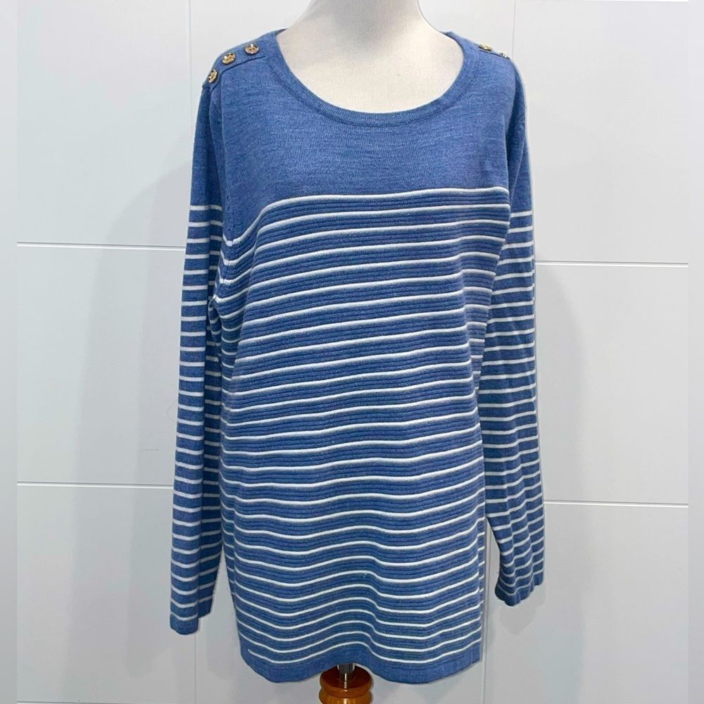 Blue and white striped crew neck sweater